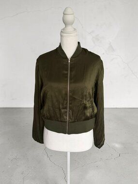 AMANDA UPRICHARD Womens 100% Silk Olive Green Bomber Jacket Size Small